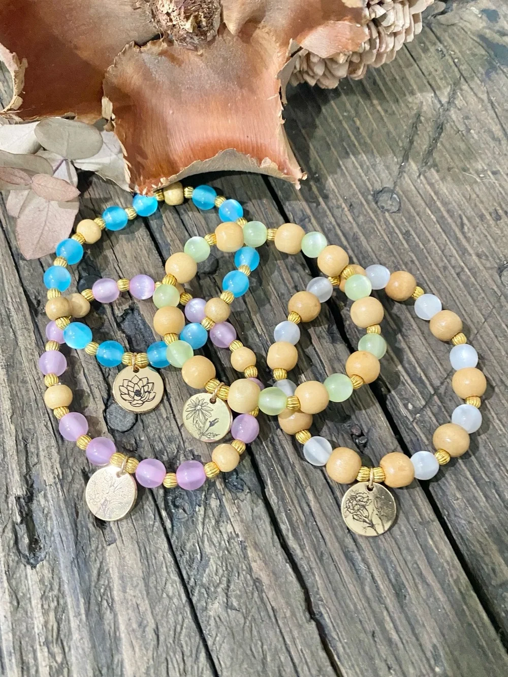 Multicolor Beaded Bracelet Set with Flower Charm, 4 pieces